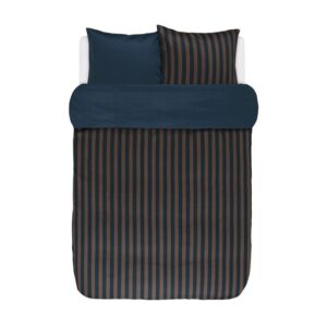 Stribet sengetøj - 140x200 cm - Navy brun og blå - Sengesæt med 2 i 1 design - 100% Bomuldssatin sengetøj - Marc O'Polo