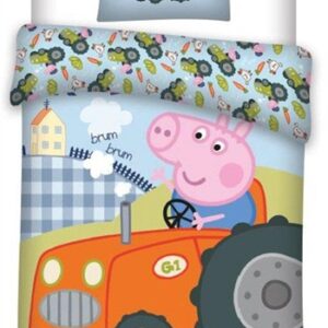 Børnesengetøj 140x200 cm - Gustav gris og traktor - Selvlysende sengetøj med 2 i 1 design - 100% bomuld