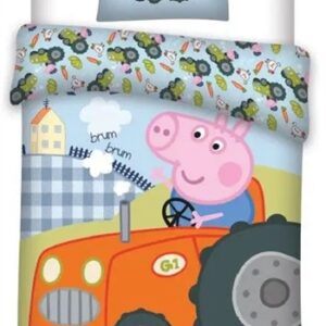 Gustav Gris junior sengetøj 100x140 cm - Gustav gris traktor - 2 i 1 design - Selvlysende - 100% bomuld