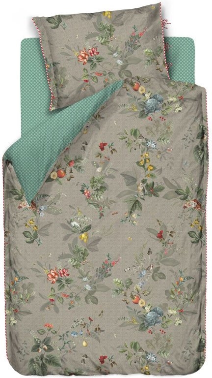 Pip Studio sengetøj - 140x200 cm - Leaf khaki grøn - Blomstret sengetøj - Vendbar dynebetræk i 100% bomuld