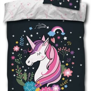 Unircorn sengetøj 100x140 cm - Sengesæt med unicorn - 2 i 1 design - 100% bomulds sengetøj - selvlysende