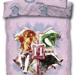 Harry Potter sengetøj - 140x200 cm - Lyserødt med Hogwarts skjold - Dynebetræk med 2 i 1 design - 100% bomuld
