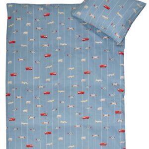 Junior sengetøj - 100% Blødt bomuld - 115x135 cm - Blåt sengesæt til børn med biler og fly