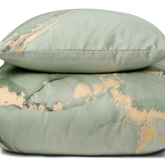 Sengetøj - Digital printet bomuldssatin - 200x220 cm - Marble støvet grøn - dynebetræk til dobbeltdyne - 100% Bomuldssatin sengesæt