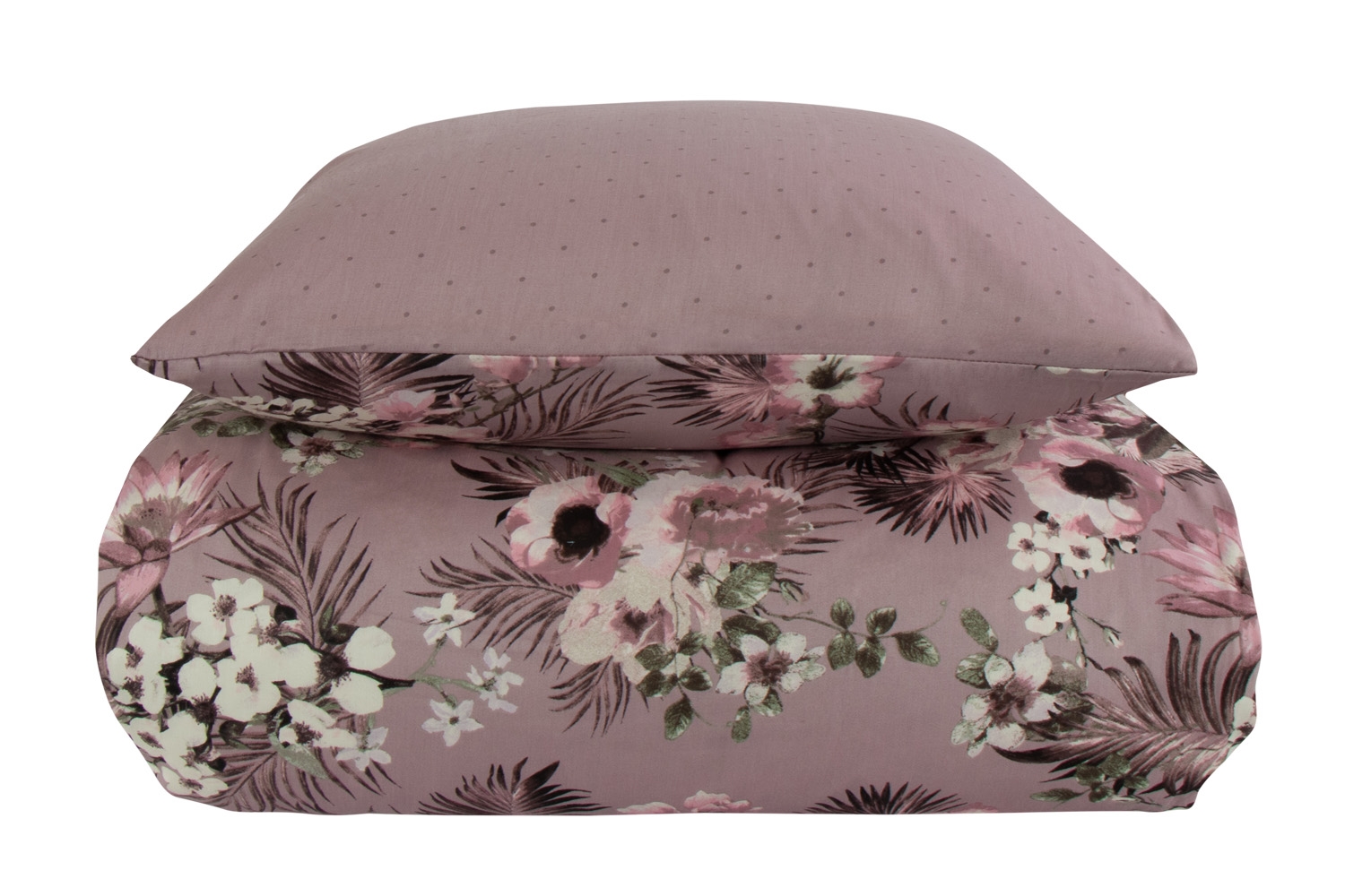 Sengetøj dobbeltdyne - 200x200 cm - Vendbart design i 100% Bomuldssatin - Flowers & Dots lavendel - Sengesæt fra By Night