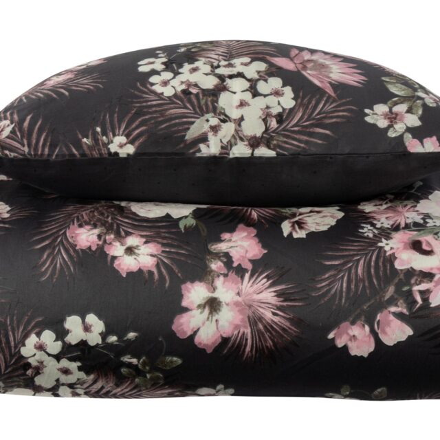 Sengetøj dobbeltdyne - 200x220 cm - Vendbart design i 100% Bomuldssatin - Flowers & Dots grå - Sengesæt fra By Night