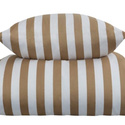 Stribet sengetøj til dobbeltdyne - 200x200 cm - Blødt bomuldssatin - Nordic Stripe - Sandfarvet og hvidt sengesæt