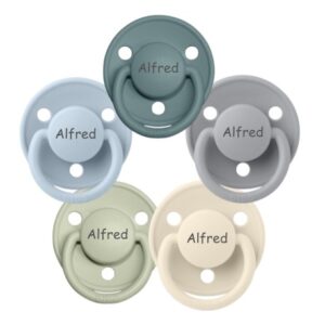 Bibs De Lux, Str. 1 (0-6 Mdr.) , Rund - Latex, Sutter Med Navn, 5-pak