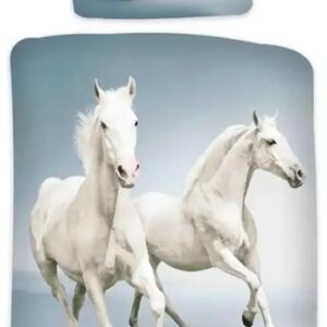 Heste sengetøj - 140x200 cm - Hvide galoperende heste - 2 i 1 design - Sengesæt i 100% bomuld