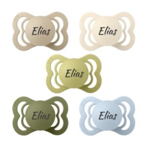 Bibs Supreme, Str. 1 (0-6 Mdr.), Symmetrisk - Latex, Sutter Med Navn , 5-pak