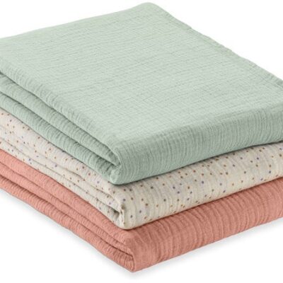 Hauck Cuddle N Clean Tæppe/ Stofble i Musselin 3-pak, Sage/Beige/Dots/Cork