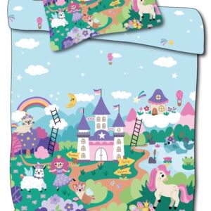 Junior sengetøj 100x140 cm - Vendbart sengesæt med eventyrs design og en prinsesse - 100% blødt bomulds sengelinned