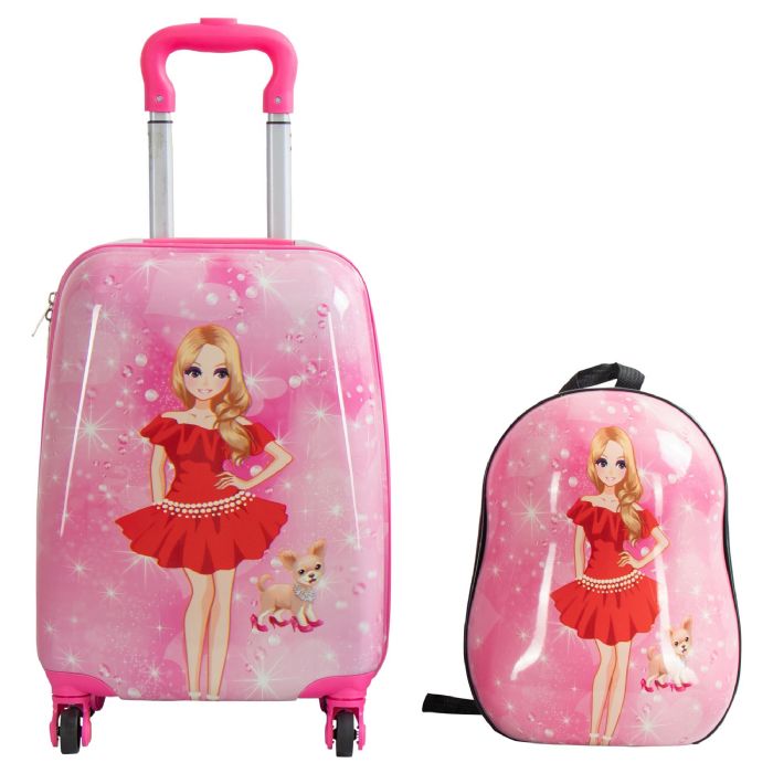 Børnekuffert - Kabinekuffert på hjul med rygsæk - Pink med motiv af pige & hund - Rejsesæt til børn