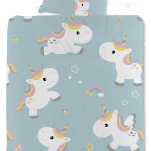 Enhjørning sengetøj - 140x200 cm - Unicorn og regnbue børnesengetøj - 2 i 1 design - Sengesæt i 100% bomuld