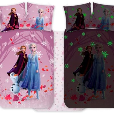 Frost sengetøj - 100% blødt bomuld - Vendbart selvlysende junior sengesæt - 100x140 cm - Anna og Elsa sengelinned