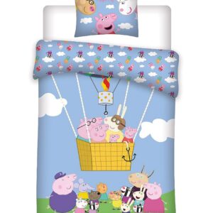 Gurli Gris sengetøj 100x140 cm - Gurli Gris junior sengesæt - Flyver i luftballon - 100% blød bomuld