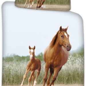 Junior heste sengetøj 100x140 cm - Sengesæt med hest og føl - 100% bomuld