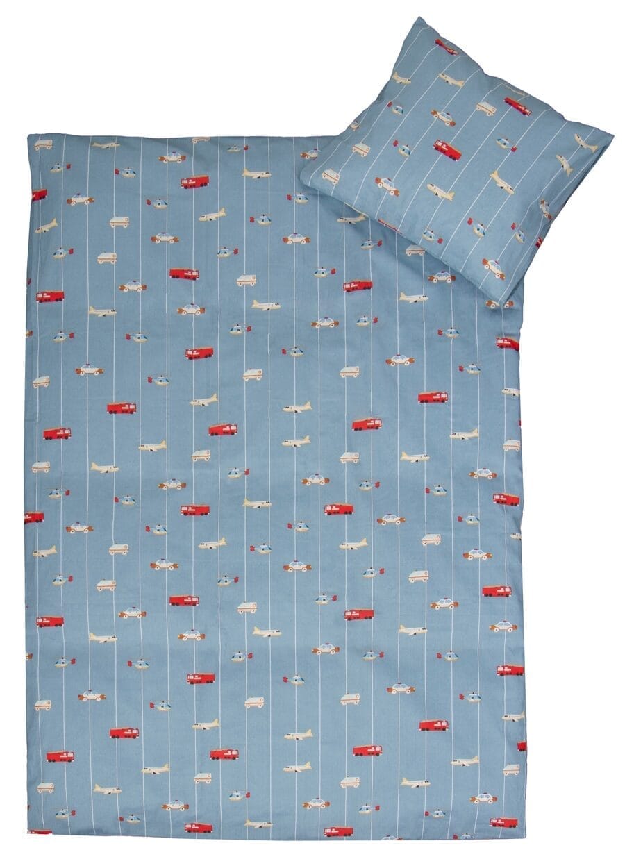 Junior sengetøj - 100% Blødt bomuld - 115x135 cm - Blåt sengesæt til børn med biler og fly