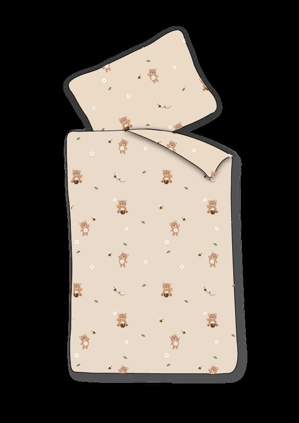 Junior sengetøj 100x140 cm - Beige sengesæt med små bamser - 100% blødt bomulds sengelinned