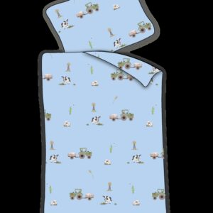 Junior sengetøj 100x140 cm - Blåt sengesæt med traktor og køer - 100% blødt bomulds sengelinned