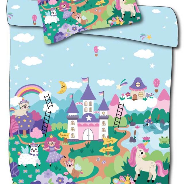 Junior sengetøj 100x140 cm - Vendbart sengesæt med eventyrs design og en prinsesse - 100% blødt bomulds sengelinned