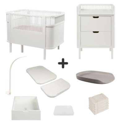 Sebra Sengen og Puslebordet m. Tilbehør - Classic White - Deluxe Bundle 1
