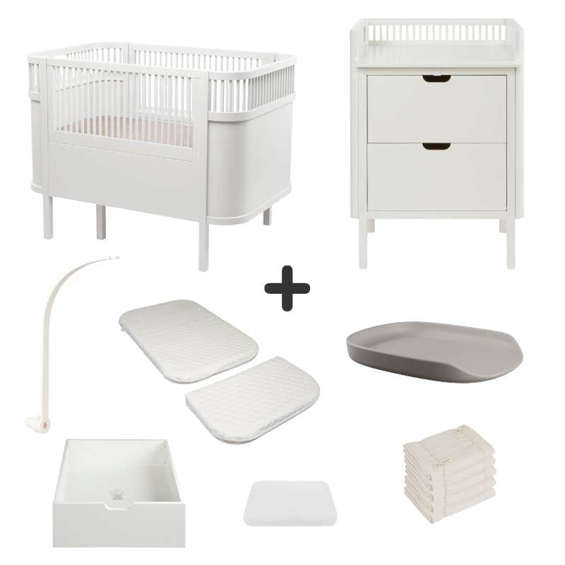 Sebra Sengen og Puslebordet m. Tilbehør - Classic White - Deluxe Bundle 1