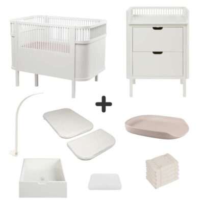 Sebra Sengen og Puslebordet m. Tilbehør - Classic White - Deluxe Bundle 4