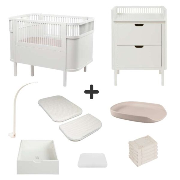 Sebra Sengen og Puslebordet m. Tilbehør - Classic White - Deluxe Bundle 4
