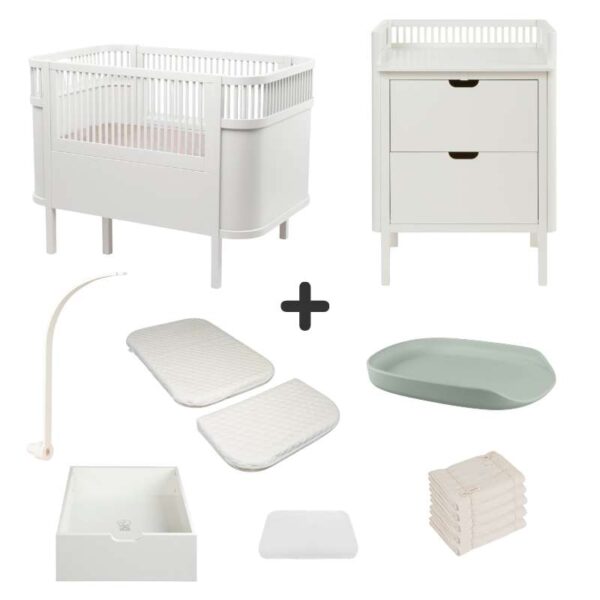 Sebra Sengen og Puslebordet m. Tilbehør - Classic White - Deluxe Bundle 5