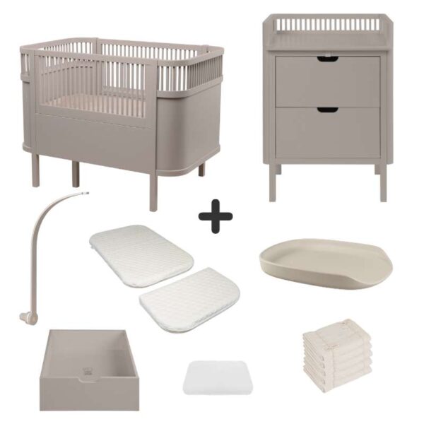 Sebra Sengen og Puslebordet m. Tilbehør - Jetty Beige - Deluxe Bundle 2