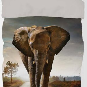 Sengetøj 140x200 cm - Flot dynebetræk med stor elefant - 100% bomulds sengesæt