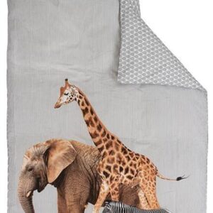 Sengetøj 140x200 cm - Giraf, elefant og zebra - 2 i 1 sengesæt - 100% Bomuld - Sengetøj børn