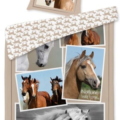 Sengetøj 140x200 cm - Heste sengetøj med små billeder - 2 i 1 design - Dynebetræk i 100% bomuld