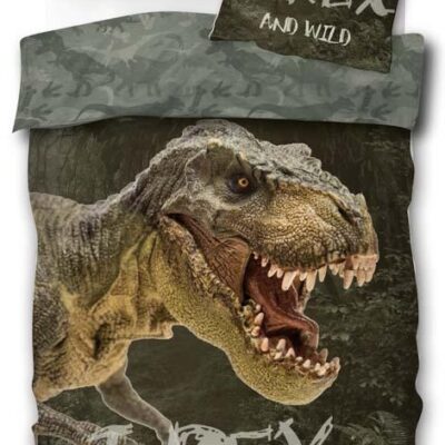 Sengetøj 140x200 cm - T-rex dinosaur sengetøj - 2 i 1 design - Sengetøj børn i 100% bomuld