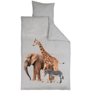 Sengetøj - Giraf, elefant og zebra - 2 i 1 sengesæt - 100% Bomuld - Sengetøj børn