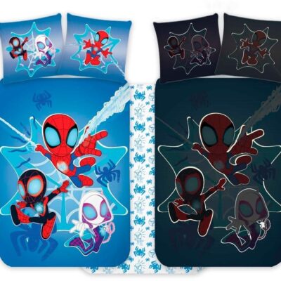 Spidey sengetøj - 100% blødt bomuld - Vendbart selvlysende junior sengesæt - 100x140 cm sengelinned