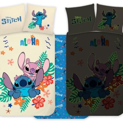 Stitch og Angel sengetøj - 100% blødt bomuld - Vendbart selvlysende junior sengesæt - 100x140 cm sengelinned