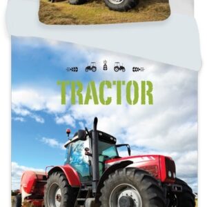 Traktor junior sengetøj 100x140 cm - sengesæt med rød traktor - 2 i 1 design - 100% bomuld
