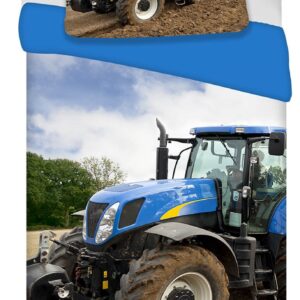 Traktor sengetøj - 140x200 cm - sengesæt med blå traktor - 100% bomuld