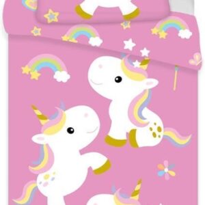 Unicorn Juniorsengetøj 100x140 cm - Lyserød enhjørning sengesæt junior - 2 i 1 design - 100% bomuld