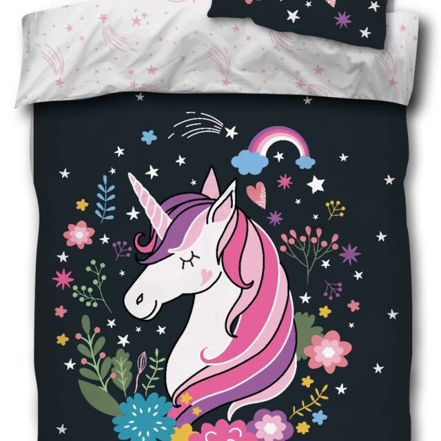 Unircorn sengetøj 100x140 cm - Sengesæt med unicorn - 2 i 1 design - 100% bomulds sengetøj - selvlysende