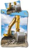 Børne sengetøj 140x200 cm - Vendbart sengesæt med en gul gravmaskine - 100% blødt bomulds sengelinned