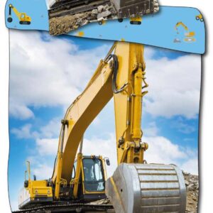 Børne sengetøj 140x200 cm - Vendbart sengesæt med en gul gravmaskine - 100% blødt bomulds sengelinned