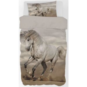 Sengetøj 140x200 cm - Stor hvid hest - 2 i 1 design - 100% bomuld