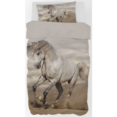 Sengetøj 150x210 cm - Stor hvid hest - 2 i 1 design - 100% bomuld