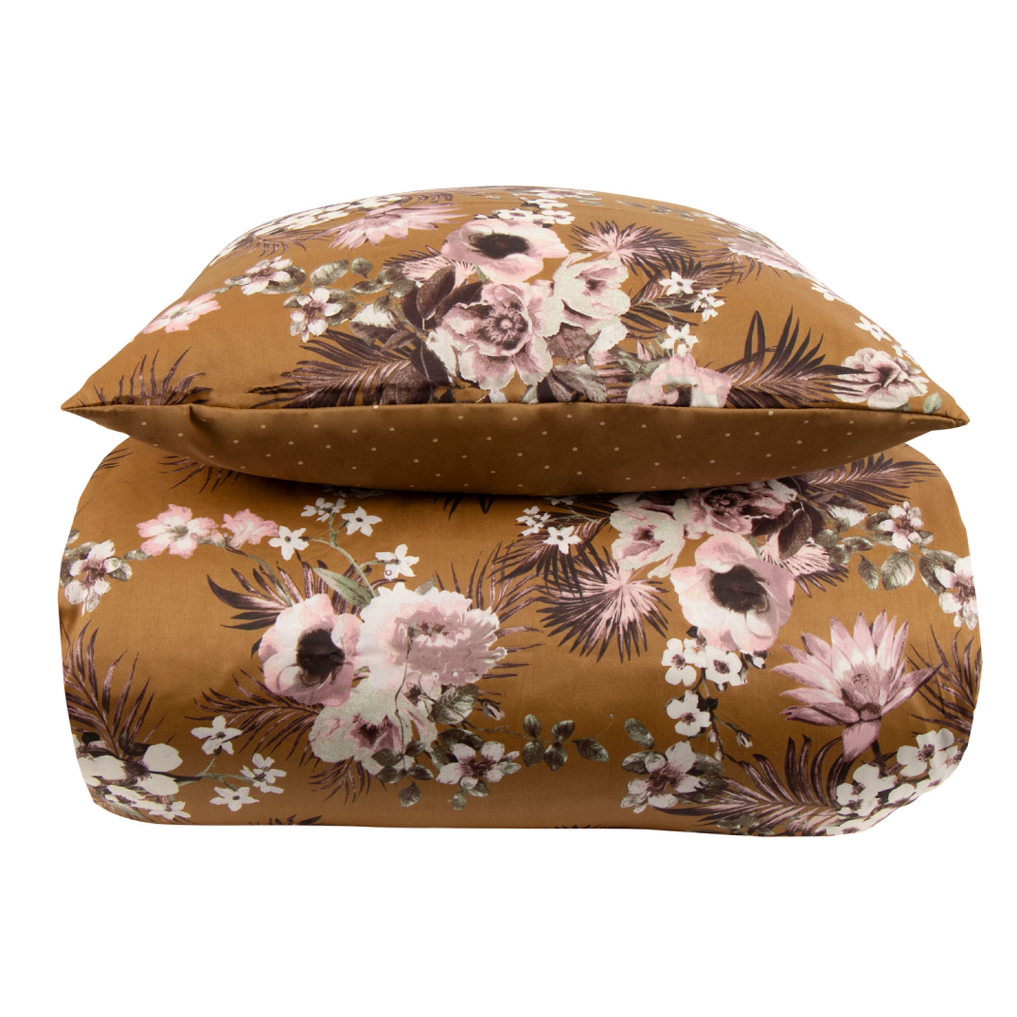 Sengetøj dobbeltdyne - 200x220 cm - Vendbart design i 100% Bomuldssatin - Flowers & Dots karry - Sengesæt fra By Night