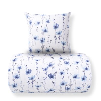 Dobbelt sengetøj 200x220 cm - Bomulds flonel - Hvid med blå blomster
