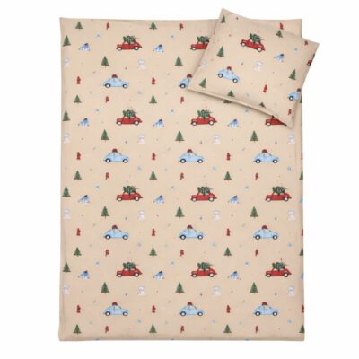 Julesengetøj - 100% bomuld - Junior sengetøj 100x140 cm - Beige med biler og juletræer