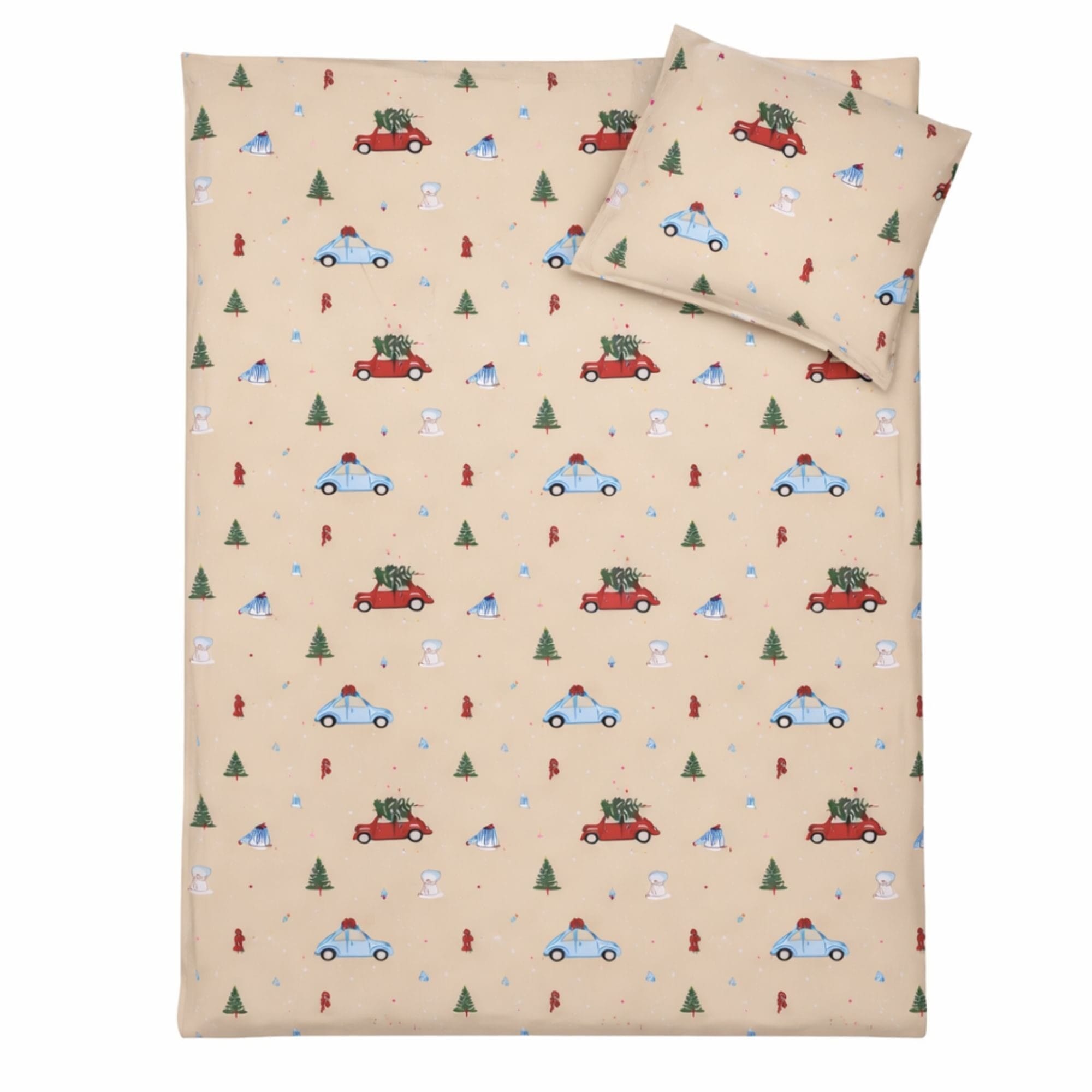 Julesengetøj - 100% bomuld - Junior sengetøj 100x140 cm - Beige med biler og juletræer